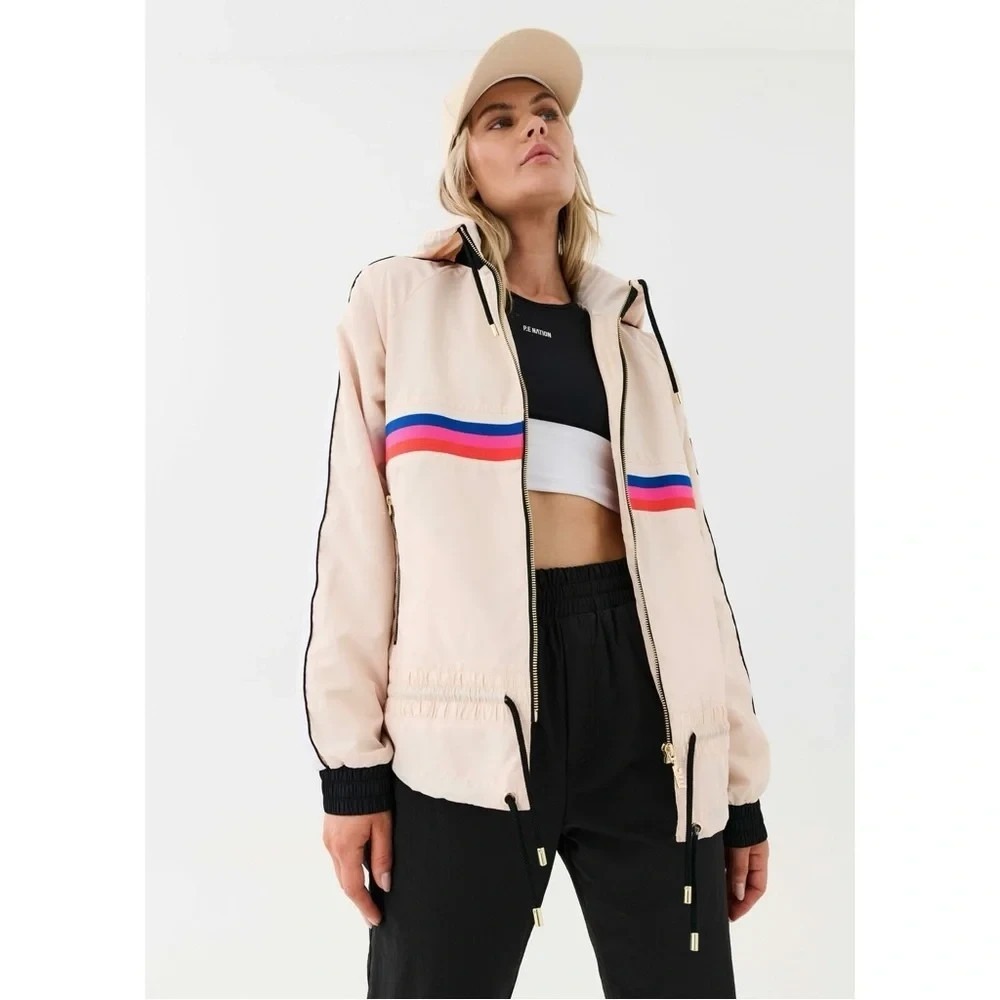 NWOT P.E Nation Man Down Hooded Windbreaker Jacket Cream Stripe Zip Up-Sz S/P